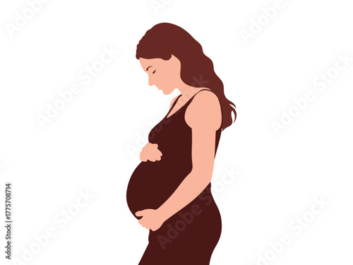 A pregnant woman cradles her belly with her hands, looking down with a gentle expression.
