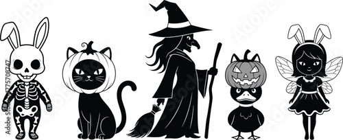 Halloween, cartoon, spooky, skeleton bunny, pumpkin cat, witch, fairy, duck monster, costume, fantasy, magic, creepy, holiday, party, character, illustration, scary, festive, design, celebration