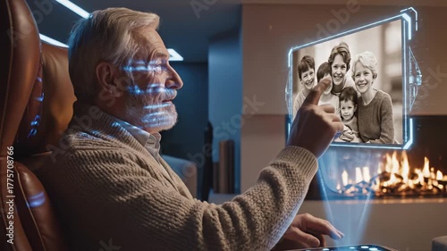 older gentleman viewing photos digitally, elderly man relaxes by fireplace with digital album, senior gentleman browsing family images on advanced holographic interface while seated