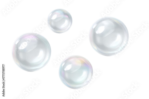 Four translucent, iridescent soap bubbles against a black background.  They vary in size and display subtle, colorful reflections