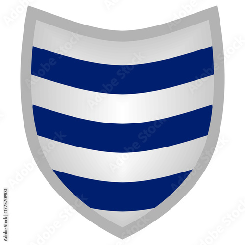 Isolated vector icon of a classic medieval shield with horizontal blue and silver stripes. This heraldic striped crest is a clean emblem ideal for security, sports logos, or game UI assets