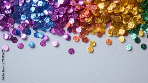 Colorful glitter scattered playfully across a light gray background