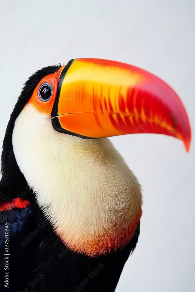 Obraz premium Colorful Toucan Portrait Close-up with Massive Beak Detail Isolated on Bright Background