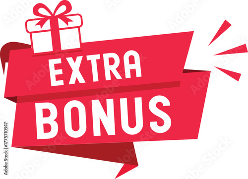 Extra bonus gift box ribbon banner label icon red white promotional sticker tag vector