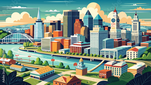 Very beautiful aerial perspective over downtown Louisville, Kentucky, USA, showcasing the Ohio River, modern skyscrapers, bridges, and scenic waterfront under a bright and clear sky.