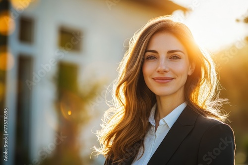 Confident female real estate agent outside modern residential house in bright sunlight