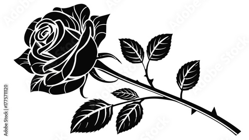 Elegant black and white rose with detailed petals and stem with thorns illustration design vector vreated with genrated ai