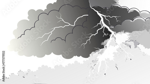 Illustration of a stormy sky with dark clouds and a bright lightning strike in black and white tones vreated with genrated ai