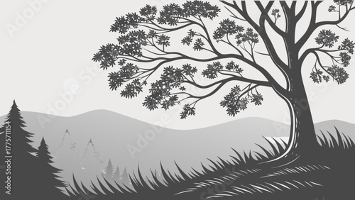 A grayscale drawing of a large tree with mountains and grass in the background on a cloudy day scene vreated with genrated ai