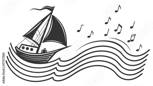 Illustration of a sailboat on wavy lines with musical notes floating above the waves and the vessel vreated with genrated ai
