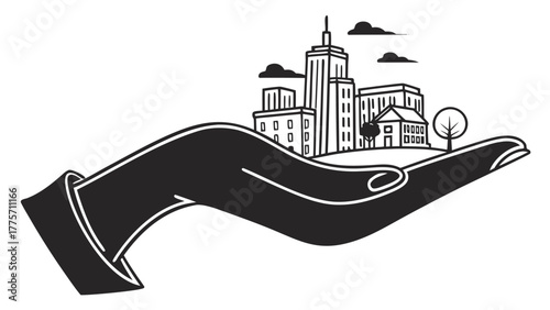 Illustration of a city skyline with buildings and trees resting on a large hand in black and white style vreated with genrated ai
