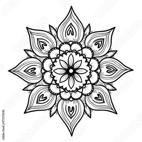 Intricate mandala flower for coloring book, black and white illustration