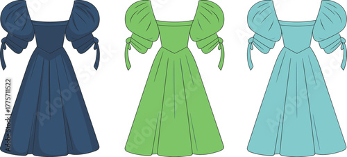 Elegant puff sleeve dress collection, colorful vintage fashion gown design, stylish feminine outfit vector illustration