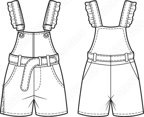 Girls ruffle strap short overalls with belt, fashion flat, vector clothing illustration design