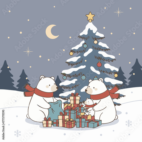 Christmas Greeting Card with Cute Polar Bear with Red Scarf Holding a Gift Box in Snowy Night Landscape