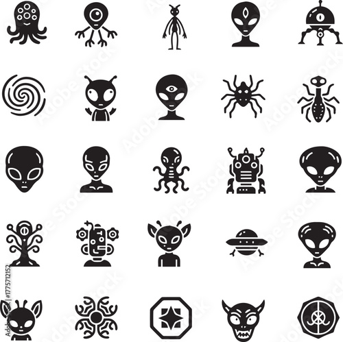 Alien Icon Set A Diverse Collection of Extraterrestrial Symbols and Space-Themed Designs