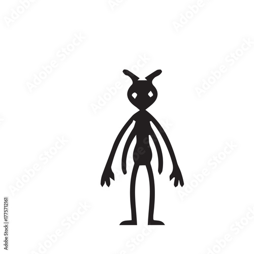 Stylized black silhouette of a mysterious four-armed alien insectoid creature. A simple vector icon of a humanoid monster character isolated on a white background for sci-fi concepts