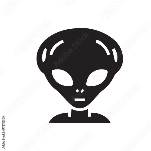 Graphic illustration of an alien head in a minimalist black silhouette, representing an extraterrestrial being from science fiction with a mysterious and unknown presence