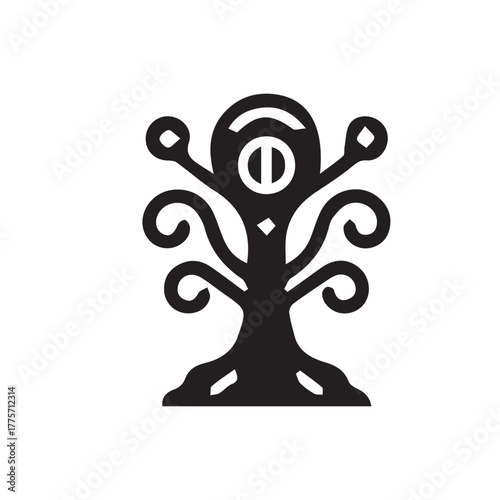Stylized monochrome illustration of an abstract mythical creature resembling a tree with a single eye and tentacles or branches