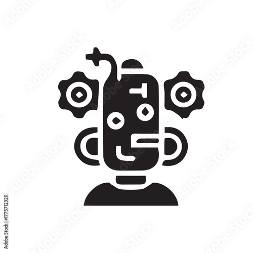Robotic head with gears and abstract design, representing technology and innovation