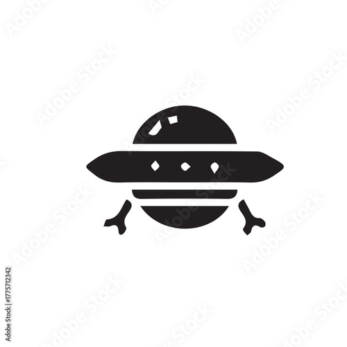 Black glyph icon of a UFO or flying saucer, a simple vector symbol representing alien spacecraft, extraterrestrial visitation, and science fiction themes