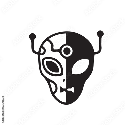 Monochrome alien head icon, split between organic and cybernetic elements, symbolizing the fusion of biology and technology in advanced extraterrestrial existence