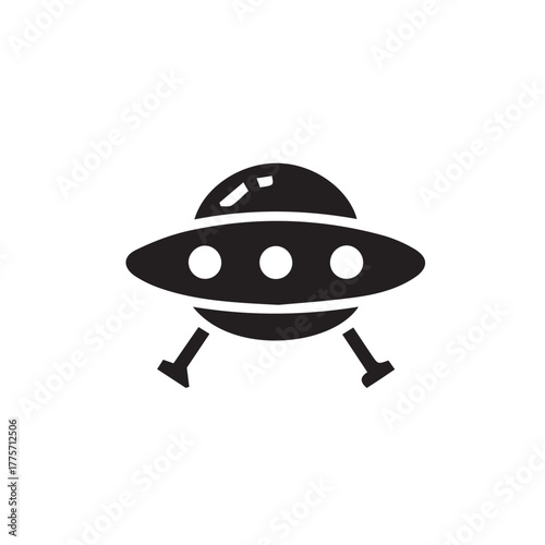 Classic UFO flying saucer icon in a solid black glyph style. An unidentified flying object symbol representing alien spacecraft and extraterrestrial life, isolated on a white background
