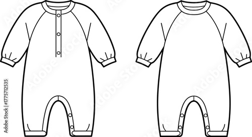 Baby onesie technical illustration, long sleeve romper sketch, infant bodysuit vector, snap closure detail, button placket, fashion flat drawing