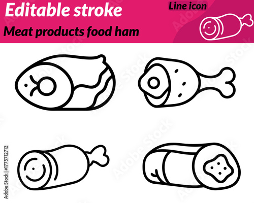 meat products food ham set line icon. while smaller elements like slices or deli cuts add visual depth. This icon represents butchery food production delicatessen and protein-rich meals. 