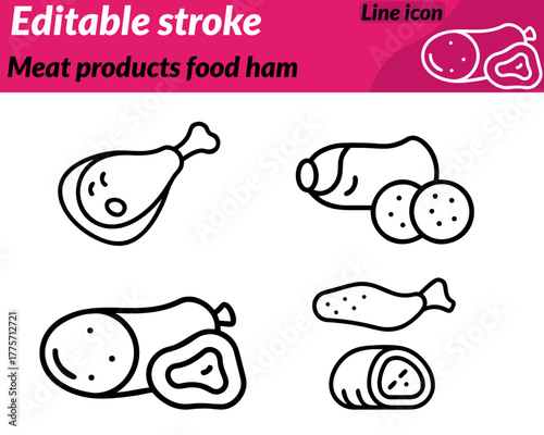 A flat vector icon illustrating ham and assorted meat products. including sausages steaks and deli slices. arranged neatly to represent freshness and quality. The ham features a bone-in cross-section.