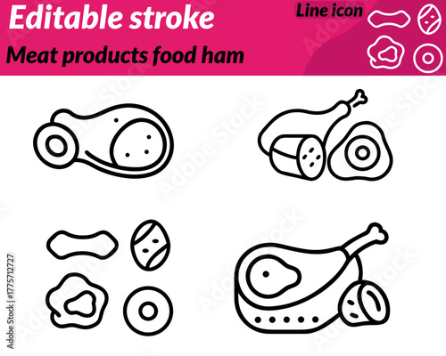 A flat vector icon illustrating ham and assorted meat products. including sausages steaks and deli slices. arranged neatly to represent freshness and quality. The ham features a bone-in cross-section.