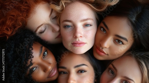 Diverse group of beautiful women's faces together. Unity concept.