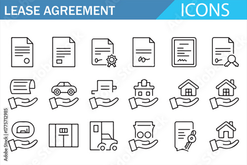 Lease Agreement and Real Estate Icon Set in Outline Style