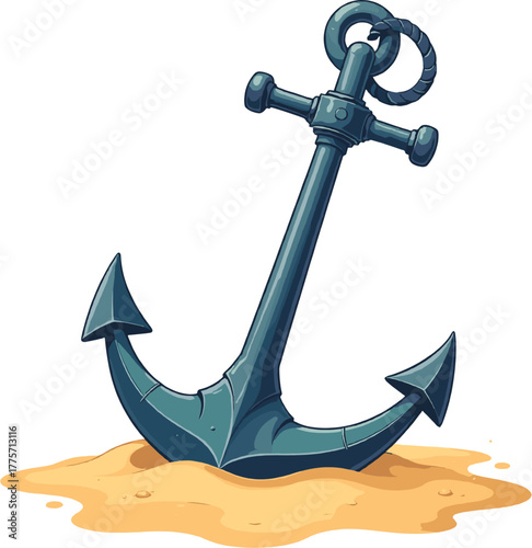 Classic metal ship anchor resting on soft beach sand, nautical marine symbol representing stability, strength, sea travel and ocean adventure