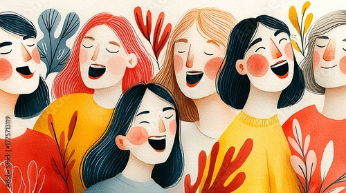 Group of joyful women with vibrant colors and cheerful expressions.