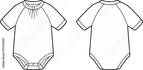 Baby onesie technical sketch, front and back view, short sleeve infant bodysuit, snap closure detail, fashion flat vector illustration