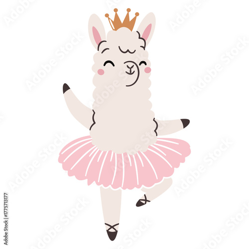 Flat vector illustration in a simple children's style on a white background. A cute llama in a ballet tutu is dancing ballet. . Vector illustration