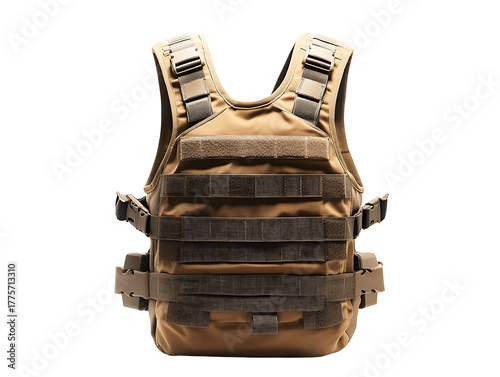 A dark tan or coyote brown tactical and ballistic military-style vest with molle webbing and adjustable straps for combat or heavy duty protection isolated on transparent background