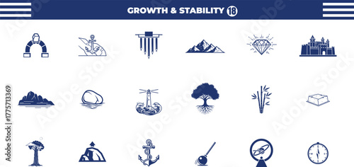 Collection of abstract blue icons representing growth stability and business concepts on a white background