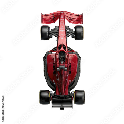 Overhead view of a Formula One racing car, crimson red.  Aerodynamic design,  powerful engine,  tire