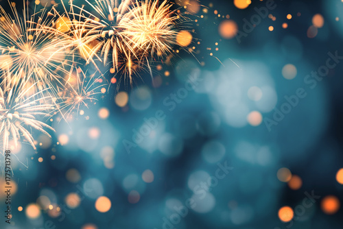 Fireworks and golden bokeh lights, festive background for New Year celebration, holiday event, Christmas or festival concept with copy space for design and joyful atmosphere