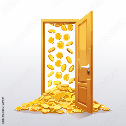 A metaphorical, massive door swings open, dramatically revealing a vibrant, chaotic cascade of glowing gold coins.