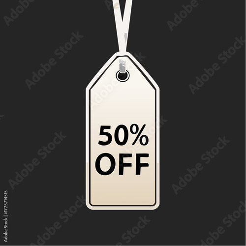 A price tag with a large �50% off� label hangs from a ribbon on a plain black background.