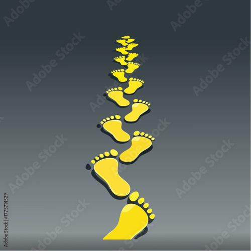 A path of bright, yellow footprints appears across a dark, smooth floor, indicating a massive, silent rush.