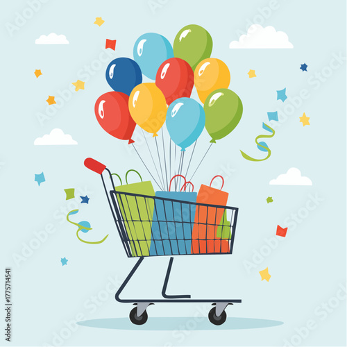 A shopping trolley is filled with sale tags and balloons on a plain blue background, symbolizing excitement.