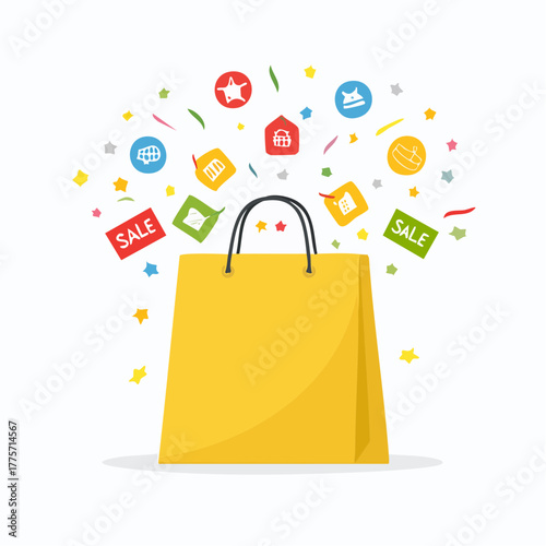 A shopping bag bursts with confetti and sale stickers on a plain yellow background, representing celebration.