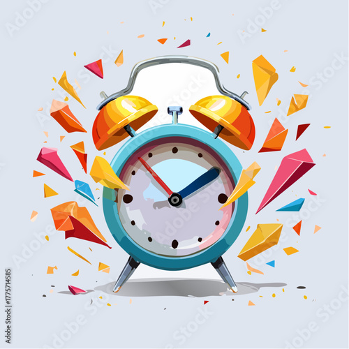 A stylized alarm clock has exploded, its broken pieces scattering outwards with immense, chaotic force.