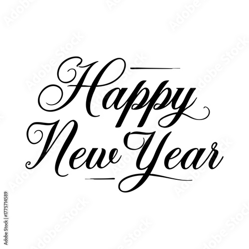 “Happy New Year” hand-lettered in elegant calligraphy, representing celebration, new beginnings, and festive greetings in refined typographic style.