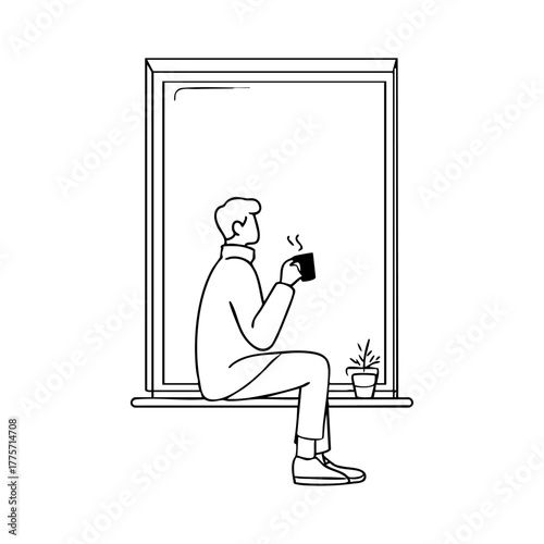 Man sitting by a large window with a steaming cup of tea, representing peaceful winter solitude and calm reflection during the cold season.