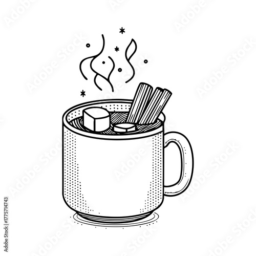 Vector doodle of a steaming mug of cocoa with cinnamon sticks and marshmallows, evoking warmth, comfort, and cozy winter evenings.